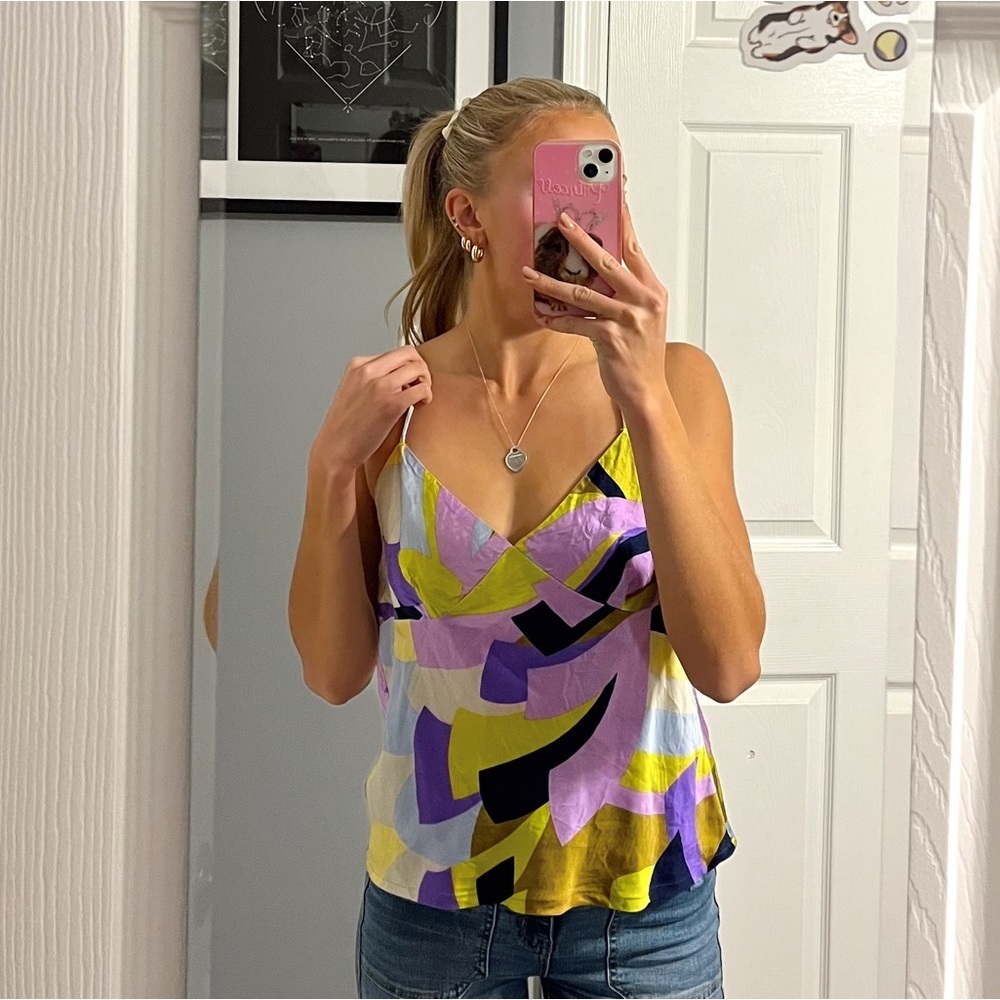 Missoni Multicolor Abstract Print Silk Tank Top — Purple, Yellow, Black